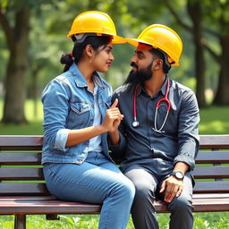 A romantic scene featuring a slim and cute Sri Lankan couple sitting on a bench, gazing into each other's eyes