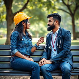 A romantic scene featuring a slim and cute Sri Lankan couple sitting on a bench, gazing into each other's eyes
