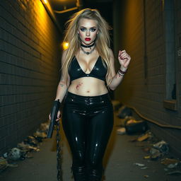 A full length, head to toe photograph of a sexy, beautiful, thin-faced, curvy 18-year-old woman with very thick, long, messy dirty blond hair and striking crystal blue eyes