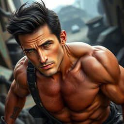 A late 20's man with a lightly battle-scarred physique, showcasing defined muscles and a confident demeanor