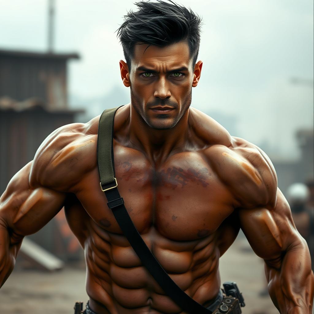 A late 20's man with a lightly battle-scarred physique, showcasing defined muscles and a confident demeanor