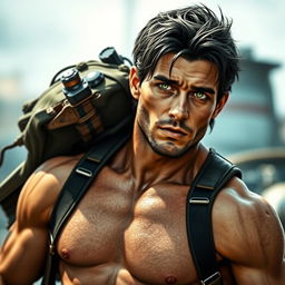 A late 20's man with a lightly battle-scarred physique, showcasing defined muscles and a confident demeanor