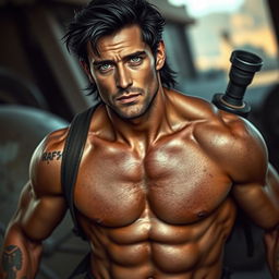 A late 20's man with a lightly battle-scarred physique, showcasing defined muscles and a confident demeanor