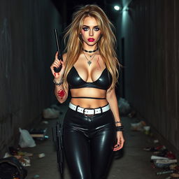 A full length, head to toe photograph of a sexy, beautiful, thin-faced, curvy 18-year-old woman with very thick, long, messy dirty blond hair and striking crystal blue eyes