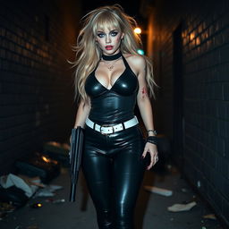 A full length, head to toe photograph of a sexy, beautiful, thin-faced, curvy 18-year-old woman with very thick, long, messy dirty blond hair and striking crystal blue eyes