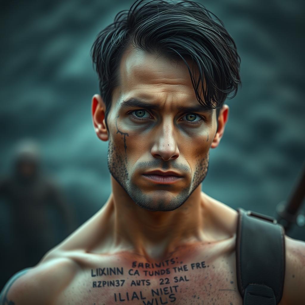 A late 20's man with a lightly battle-scarred appearance, showcasing a rugged and resilient character
