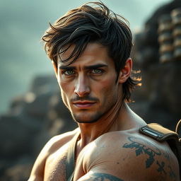 A late 20's man with a lightly battle-scarred appearance, showcasing a rugged and resilient character