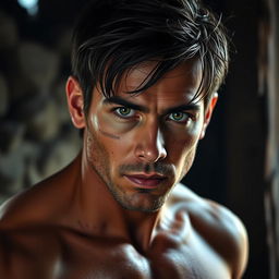 A late 20's man with a lightly battle-scarred appearance, showcasing a rugged and resilient character