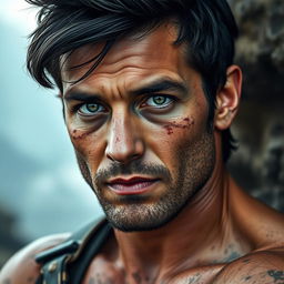A late 20's man with a lightly battle-scarred appearance, showcasing a rugged and resilient character