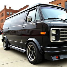 A stunning 1988 GMC Vandura 2500 LX van in a glossy black pearl finish, featuring classic Mustang rims that enhance its vintage appeal