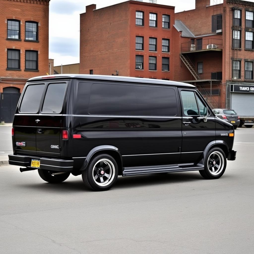 A stunning 1988 GMC Vandura 2500 LX van in a glossy black pearl finish, featuring classic Mustang rims that enhance its vintage appeal