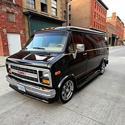 A stunning 1988 GMC Vandura 2500 LX van in a glossy black pearl finish, featuring classic Mustang rims that enhance its vintage appeal