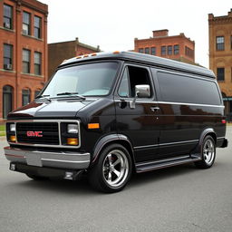 A stunning 1988 GMC Vandura 2500 LX van in a glossy black pearl finish, featuring classic Mustang rims that enhance its vintage appeal