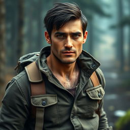 A late 20's man with a lightly battle-scarred appearance, featuring dark hair styled in a casual look and striking green eyes that capture a sense of intensity