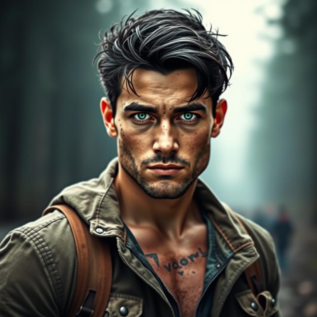 A late 20's man with a lightly battle-scarred appearance, featuring dark hair styled in a casual look and striking green eyes that capture a sense of intensity