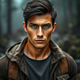 A late 20's man with a lightly battle-scarred appearance, featuring dark hair styled in a casual look and striking green eyes that capture a sense of intensity