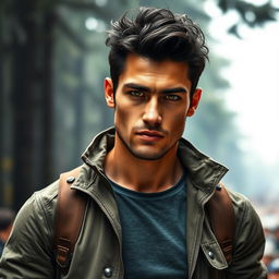 A late 20's man with a lightly battle-scarred appearance, featuring dark hair styled in a casual look and striking green eyes that capture a sense of intensity