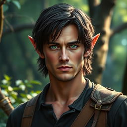 A late 20's man with lightly battle-scarred skin, possessing medium-length dark hair that frames his face, and enchanting green eyes that radiate wisdom and strength
