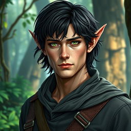 A late 20's man with lightly battle-scarred skin, possessing medium-length dark hair that frames his face, and enchanting green eyes that radiate wisdom and strength