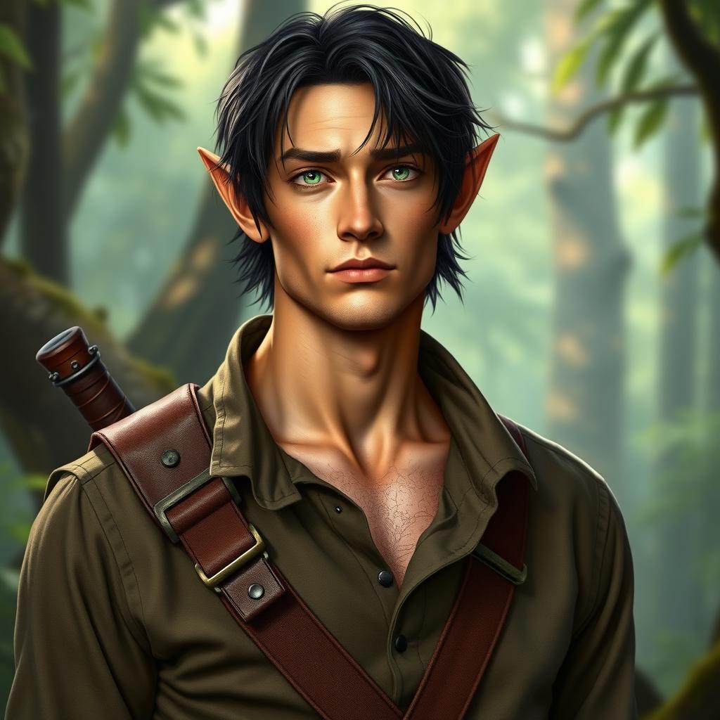A late 20's man with lightly battle-scarred skin, possessing medium-length dark hair that frames his face, and enchanting green eyes that radiate wisdom and strength