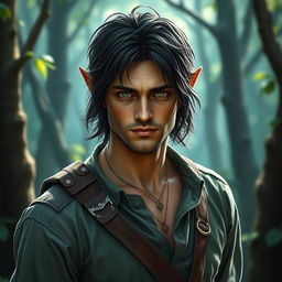 A late 20's man with lightly battle-scarred skin, possessing medium-length dark hair that frames his face, and enchanting green eyes that radiate wisdom and strength
