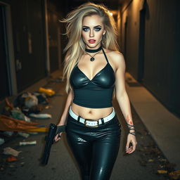 A full length, head to toe photograph of a sexy, beautiful, thin-faced, curvy 18-year-old woman with very thick, long, messy dirty blond hair and striking crystal blue eyes