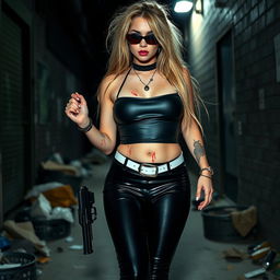 A full length, head to toe photograph of a sexy, beautiful, thin-faced, curvy 18-year-old woman with very thick, long, messy dirty blond hair and captivating crystal blue eyes