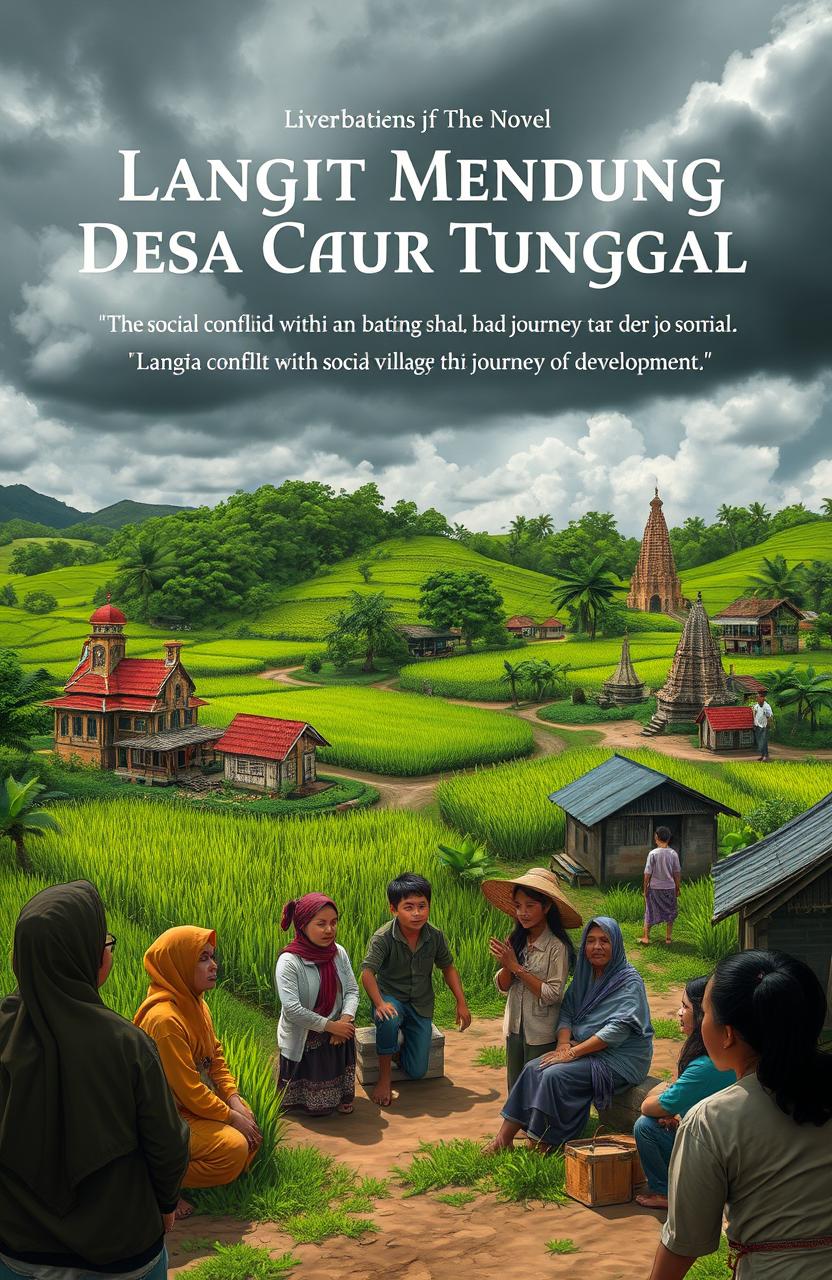 An artistic representation of a scene from the novel "Langit Mendung Desa Catur Tunggal," illustrating the social conflict within a village and its journey of development