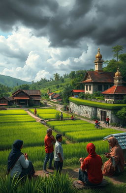 An artistic representation of a scene from the novel "Langit Mendung Desa Catur Tunggal," illustrating the social conflict within a village and its journey of development