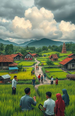 An artistic representation of a scene from the novel "Langit Mendung Desa Catur Tunggal," illustrating the social conflict within a village and its journey of development
