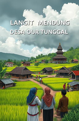 An artistic representation of a scene from the novel "Langit Mendung Desa Catur Tunggal," illustrating the social conflict within a village and its journey of development