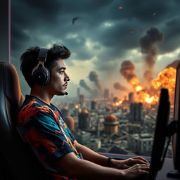 A Puerto Rican male gamer, immersed in gameplay, wearing a gaming headset and a colorful gaming shirt