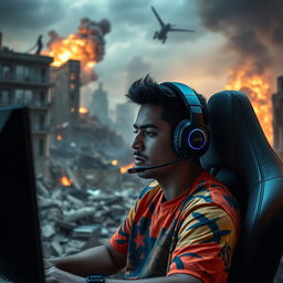 A Puerto Rican male gamer, immersed in gameplay, wearing a gaming headset and a colorful gaming shirt