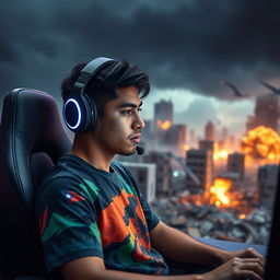 A Puerto Rican male gamer, immersed in gameplay, wearing a gaming headset and a colorful gaming shirt