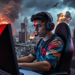 A Puerto Rican male gamer, immersed in gameplay, wearing a gaming headset and a colorful gaming shirt