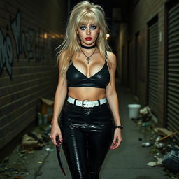 A full length, head to toe photograph of a sexy, beautiful, thin-faced, curvy 18-year-old woman with very thick, long, messy dirty blond hair and striking crystal blue eyes