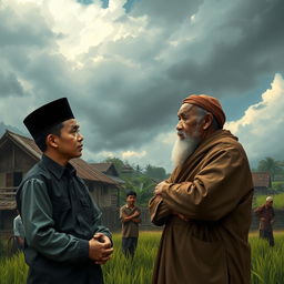 An artistic representation of key scenes from the novel "Langit Mendung Desa Catur Tunggal," which explores social conflict and the journey of development in a village