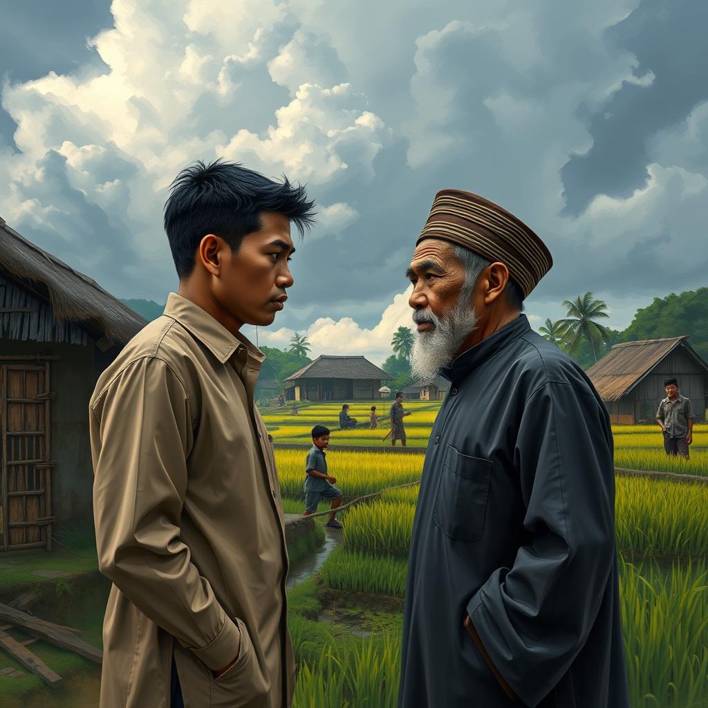 An artistic representation of key scenes from the novel "Langit Mendung Desa Catur Tunggal," which explores social conflict and the journey of development in a village