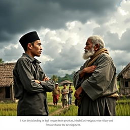 An artistic representation of key scenes from the novel "Langit Mendung Desa Catur Tunggal," which explores social conflict and the journey of development in a village