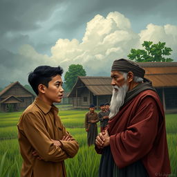 An artistic representation of key scenes from the novel "Langit Mendung Desa Catur Tunggal," which explores social conflict and the journey of development in a village