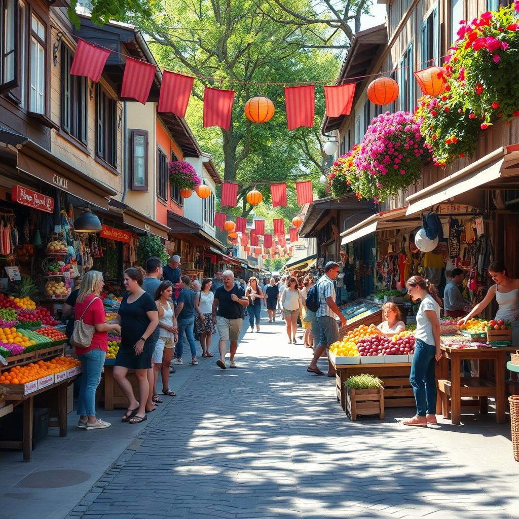 A vibrant street market scene filled with stalls showcasing colorful fruits, vegetables, and handmade crafts