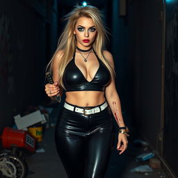 A full length, head to toe photograph of a sexy, beautiful, thin-faced, curvy 18-year-old woman with very thick, long, messy dirty blond hair and captivating crystal blue eyes