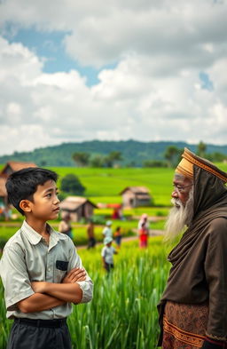 A serene rural scene depicting the village of Catur Tunggal, illustrating social conflicts and development
