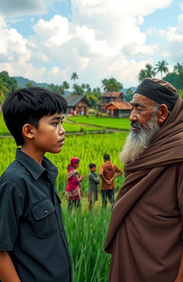 A serene rural scene depicting the village of Catur Tunggal, illustrating social conflicts and development