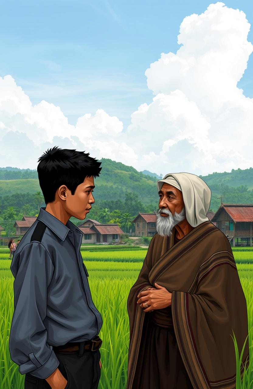 A serene rural scene depicting the village of Catur Tunggal, illustrating social conflicts and development