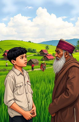 A serene rural scene depicting the village of Catur Tunggal, illustrating social conflicts and development