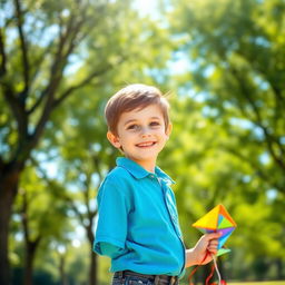 A portrait of a young boy standing in a sunlit park, smiling happily