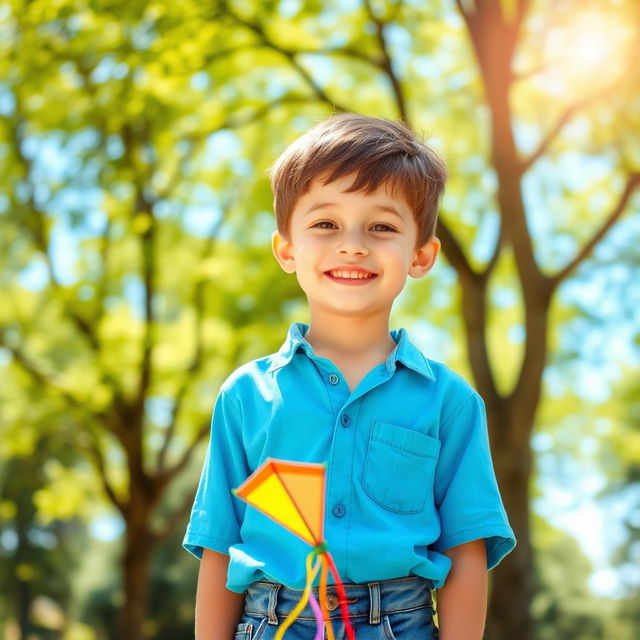 A portrait of a young boy standing in a sunlit park, smiling happily