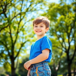 A portrait of a young boy standing in a sunlit park, smiling happily