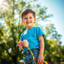 A portrait of a young boy standing in a sunlit park, smiling happily